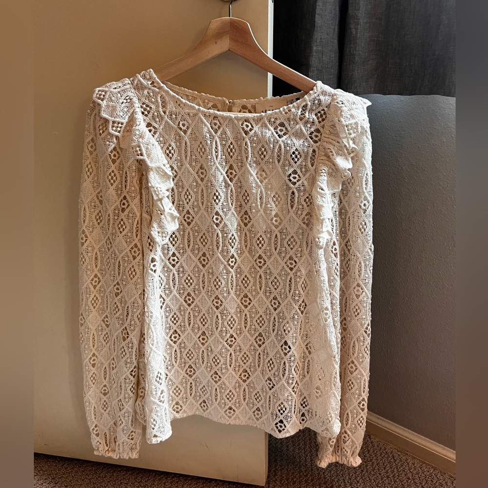 Sezane Cream Lace Ruffle Long-Sleeve Blouse
